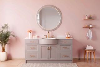 pink bathroom with pink tiled floor